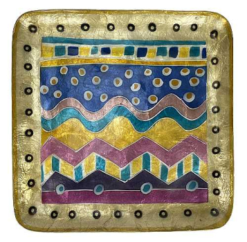 Preview: Flache Capiz Schale mit bunten Muster bemalt